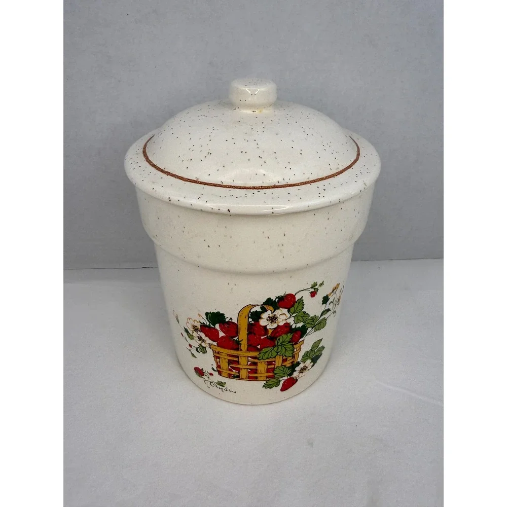 Vintage Cindy Sims Strawberry Basket Stoneware Canister Speckled Ceramic Jar Lid